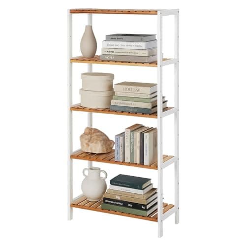 Image of Neo 5 Tier Bamboo Storage Shelf Shelves Rack Adjustable Multi-Purpose Rack Shoes Plants Bathroom Kitchen Hallway Room Organiser Unit (Natural/White)