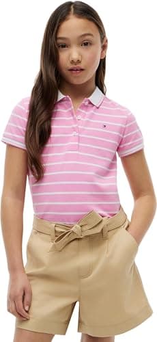 Image of Tommy Hilfiger Girl's Essential Polo Ss KG0KG08556 S/S Polo, Pink (Pink Daisy Stripes), 10 Years