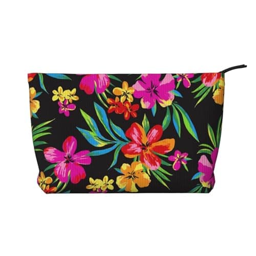 Image of Corduroy Makeup Bag for Women Girls, Hawaiian Colorful Flower Prints Spacious Travel Cosmetic Organiser for Make-up, Toiletries & Essentials