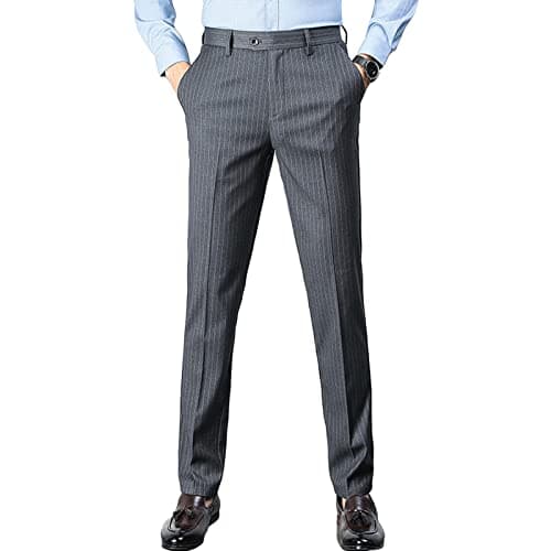Image of Maiyifu-GJ Men's Slim Striped Casual Tapered Pant Pinstripe Wrinkle Resistant Suit Pant Lightweight Business Dress Trousers, Grey, 34