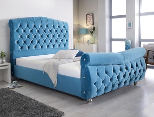 Image of Upholstered Bed Frame Paris Single Bed 3ft with Plush Velvet Fabric - Luxurious and Compact Single Bed Frame for Ultimate Comfort and Style - Ice Blue Plush