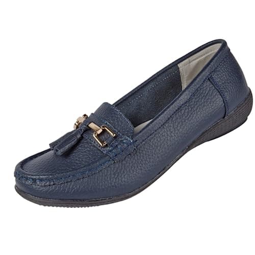 Image of Ladies Nautical Wide FIT Leather Smart Loafer Tassel Moccasin Flat Slip On Comfort Shoe Size 4-8 (UK 4/ EU 37, Navy)