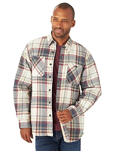 Image of Wrangler Authentics Men's Long Sleeve Sherpa Lined Flannel Jacket Shirt, Light Beige Heather, M UK