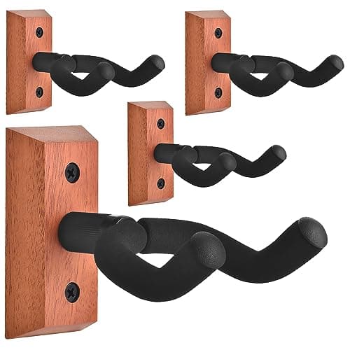 Image of DOMMI Guitar Wall Mount 4 Pack, Guitar Hanger with Adjustable Soft Guitar Hook for All Size Guitars, Hardwood U-Shaped Guitar Wall Hangers for Acoustic, Electric Guitar, Bass, Mahogany