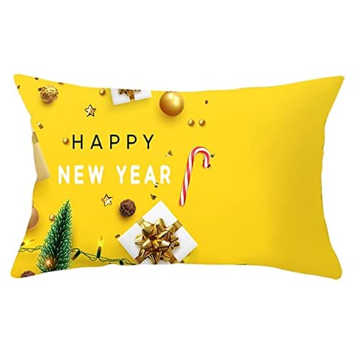 Image of BCughia Cushion Cover, 1 Small Oblong Cushion Covers Yellow Polyester "Happy New Year" 30x50cm
