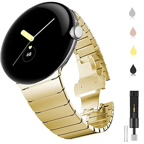 Image of Miimall Metal Strap for Google Pixel Watch 4/3/2/1 41mm Band, Solid Stainless Steel Adjustable Band With Butterfly Clasp Replacement Bracelet Wristband for Pixel Watch 4 41mm-Gold