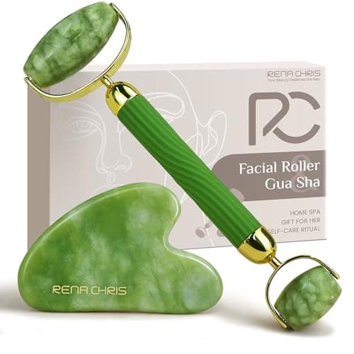 Image of Rena Chris Gua Sha, Anti-Breakage Jade Face Roller and Gua Sha Set for Long-Lasting Use, Jawline Sculpting and Puffiness Reducing, Ideal for Gift and Self Care (Green)