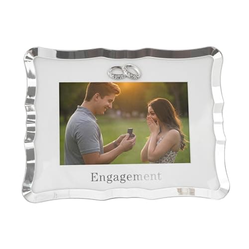 Image of Happy Homewares Modern Engagement 4x6 Steel Picture Frame in Silver Plating with Double Diamante Rings | For Wall or Table | Black Velveteen Backing