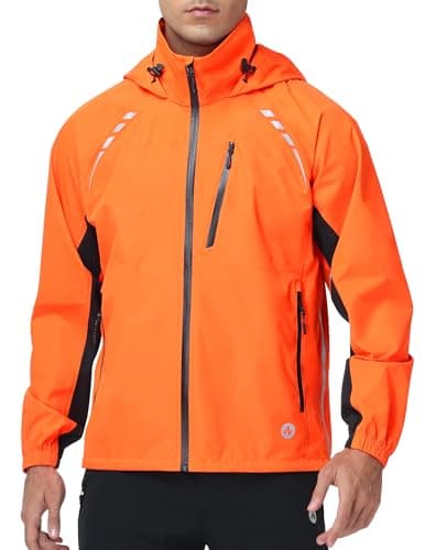 Image of Nepest Waterproof Jacket for Cycling - Lightweight Packable Breathable & Windproof Jackets - 6 Pockets, Reflective, UPF50+, Ideal for Running Hiking & Golf, Neon Orange XL