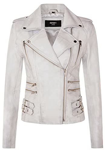 Image of Ladies Retro White 100% Nappa Leather Biker Jacket L