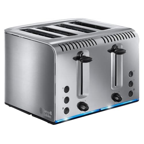 Image of Russell Hobbs 4 Slice Buckingham Toaster with Fast Toast Technology - (Blue Light Strip indicates Toasting, Independent & Extra Wide Slots, 2400W, Polished & Brushed Stainless Steel) 20750