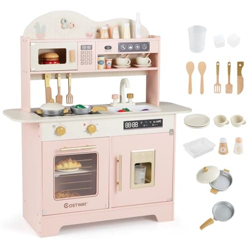 Image of COSTWAY Wooden Toy Kitchen, Kids Pretend Play Kitchen with 17 Pcs Accessories, Realistic Microwave, Oven, Coffee Maker, Sink, Interactive Toy Role Play Playset for 3+ Years Old (Pink)