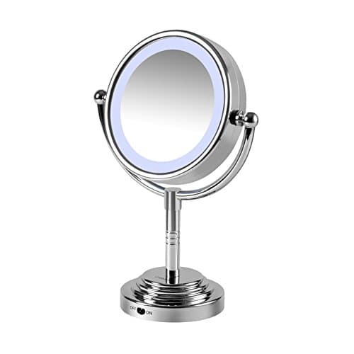 Image of Carmen Dual Sided LED Illuminated Mirror with Adjustable Angle, On/Off Switch On Base, Elegant Chrome Styling, Battery Operated, Silver