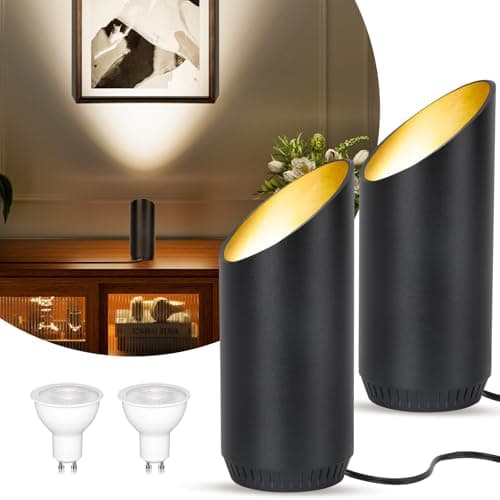 Image of HUAEU LED Floor Uplighter & Spot Lights Indoor with Warm White 3000K, Indoor Uplight Spot for Living Room, Table Lamps & Uplighters for Living Room (2 Pack Black Metal)