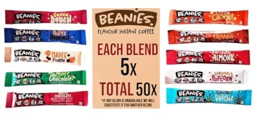 Image of Beanies Flavoured Instant Coffee Sticks Variety Pack – 50 Sachets, 10 Different Blends (5 of Each Flavour) – Sugar Free, Low Calorie, Vegan Instant Coffee Sticks