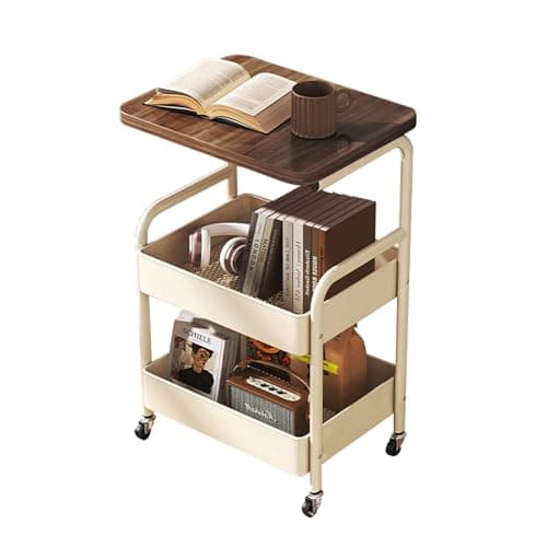 Image of LLHONG 3-Tier Trolley, Kitchen Trolley on Wheels, Multifunctional Cart with Wooden Shelves and Metal Baskets, Floor-Standing Storage Trolleys, Suitable for Kitchen, Bedroom, Bathroom, Office (White)