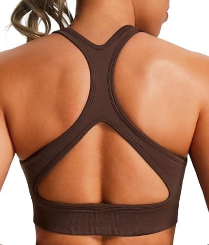 Image of JOYSPELS Women's Sports Bra Seamless 4-Way Stretch Yoga Top with Removable Pads for Gym, Workouts, Running Brown L