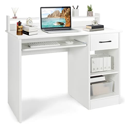 Image of COSTWAY Computer Desk, Wooden PC Laptop Table Writing Workstation with Sliding Keyboard Tray, Adjustable Storage Shelf and Drawer, Modern Home Office Work Study Desk (White)