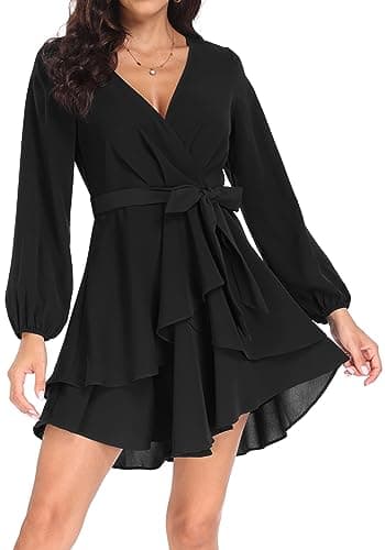 Image of PCEAIIH Women's Cocktail Dresses Long Sleeve Empire Skater Dress Deep V-Neck Waist Tie Ruffle Mini Swing Dresses S Black