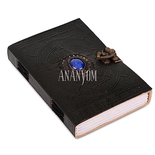 Image of ANANYOM Handmade Leather Journal, Black, Pentagram Lapis Lazuli Stone Design, Genuine Leather Notebook Diary, Sketchbook with Brass Clasp Lock, Embossed Journal for Men & Women, Office Journal