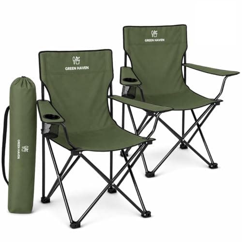 Image of Green Haven Folding Camping Chair with Cup Holder & Carry Bag – Lightweight Portable Outdoor Chair, Heavy Duty Steel Frame, Padded Headrest, Wide Seat for Camping, Festival, Garden, Fishing (Green)