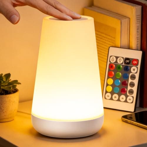 Image of Ledivion Night Light, LED Touch Bedside Table Lamp, 13 RGB Colours Changing, 5 Brightness Level Switch, Timing Function, Rechargable Remote Control Dimmable Light for Bedroom, Living Room, White