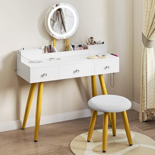 Image of YITAHOME Dressing Table, Makeup Vanity with LED Mirror and Stool, 3 Drawers & Makeup Tray, Built-In AC & USB Outlets, Glossy Finish, Modern Dressing Table with Splayed Legs, 100×40×85cm, White
