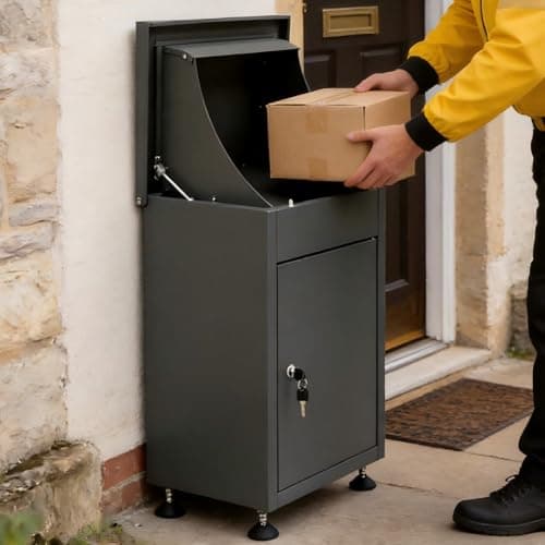 Image of Homullel Outdoor Secure Parcel Delivery Box for Home, Letter Mail Post Box for Outside, External, Waterproof, Lockable, Anti-Theft, Floor & Wall Mounted (Dark Grey, Small)
