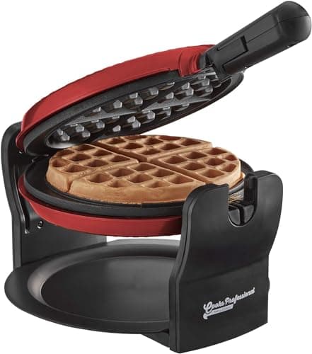 Image of Cooks Professional Belgian Waffle Maker 920W | Powerful Electric Rotary Luxury Waffle Machine with Non-Stick Cooking Plates, Locking Mechanism, Folding Handle & Drip Tray | Easy Clean | Red
