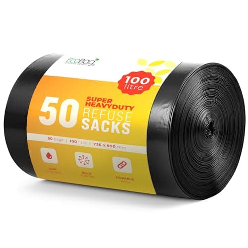 Image of EcoBag - 50 Pack Super Strong Heavy Duty Refuse Sacks - Recyclable Bags, Leak Resistant, Durable Waste Disposal Bags For Wheelie Bins, Large Household Bins, Garden&Bulky Waste, 35 Micron (Μm)/100l