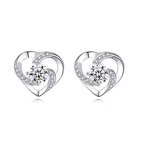 Image of wynn's Silver Stud Earrings for Women, 925 Sterling Silver Heart Studs Earrings,13mm Stud Earring with White Cubic Zirconia, Hypoallergenic Small Slepper Studs