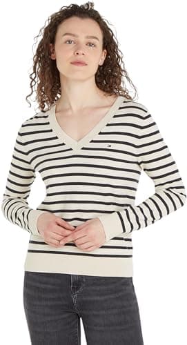 Image of Tommy Hilfiger Women Co Jersey Stitch V-Nk Sweater Pullovers, Beige, XS