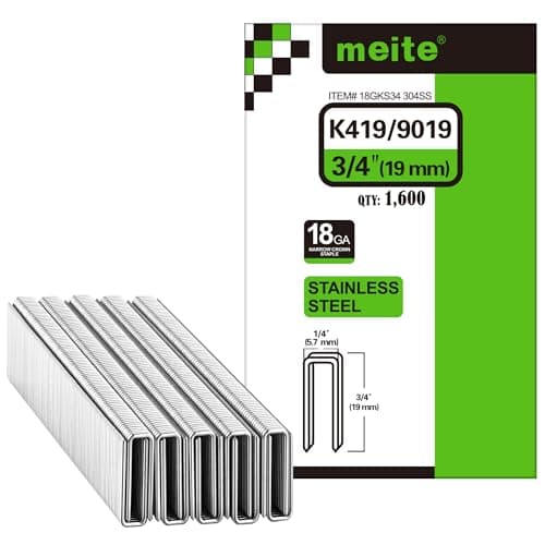Image of meite 9019 Type 90/19 mm Narrow Crown Staples for Staple Gun, 18 Gauge Stainless Steel Upholstery Staples for Furniture, Wood Box, Crafts DIY (1,600 Counts)