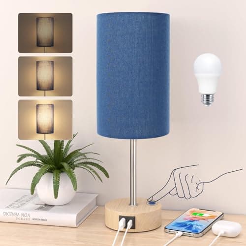 Image of STANBOW Bedside Lamps, Touch Lamps Bedside with USB A+C Charging Ports, 3-Way Dimmable LED, Table Lamps for Living Room Bedroom Gift with Blue Shade-Wood Base (LED Bulb Included) (Blue)