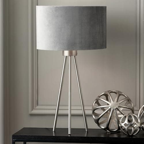 Image of Pacific Lifestyle Modern Art Deco Tripod Table Lamp with Velvet Lampshade | Living Room Table Lamps for Bedroom (Silver)