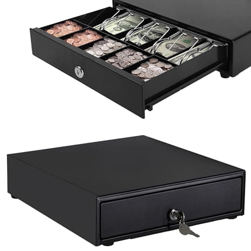 Image of Open Cash Drawer Heavy Duty Electronic Cash Register Till Drawer Box, 4 Cash Bills Notes Cheques Compartment, 5 Coin Trays Key Lock System for Point Sale Retail Shops Businesses 33.5x38x8cm