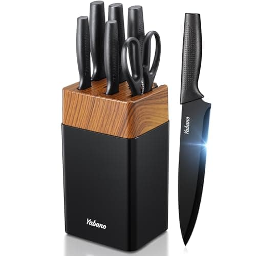 Image of Yabano Knife Set, 7 Piece Kitchen Knives Set for Chef, Sharp Knife Set with Universal Plastic Knife Block, Anti-Rust Kitchen Knife Block Set with Built-in Sharpener (Black)