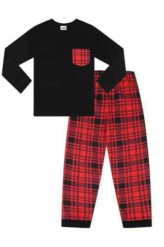 Image of ThePyjamaFactory Children's - Boys Black/Red Pyjamas Plain Long Sleeve Top & Woven Tartan Check Bottoms (13 Years)