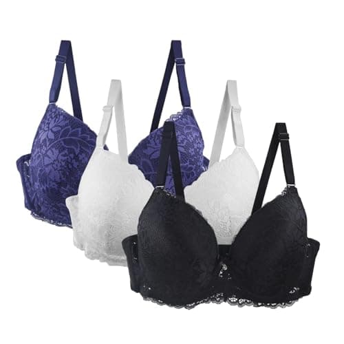 Image of Tshirt Bras for Women Underwire Women's Comfort Underwire T-Shirt Bra 3 Pack Lace Push Up Full Coverage Minimizer Bras Multipack Bralette High Impact Support Adjustable Everyday Underwear Dark Blue