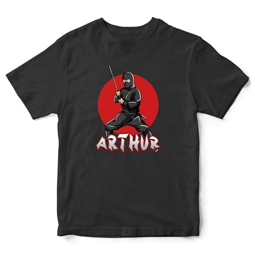 Image of Customised Ninja Samurai T Shirt Kids Personalised Name Japanese Warrior Tee Boys Girls, 9-11 Years, Black