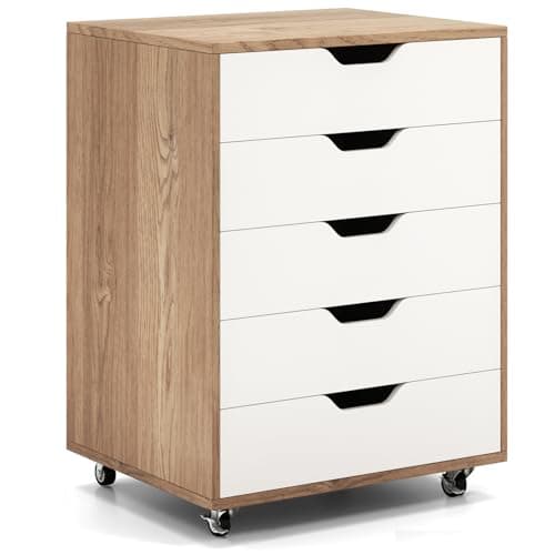 Image of SFAREST Mobile File Cabinet, Lateral Stationery Vertical Rolling Filing Cabinet with Lockable Wheels, Wooden Under Desk Storage Cabinets for Home Office (Natural+ White, 5 Drawers)