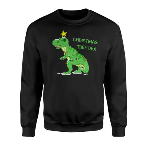 Image of Christmas Tree-Rex Jumper - Unisex Adult's Kid's Jumper Funny Dinosaur Tyrannosaurus Jurassic Fairy Light Novelty Joke Xmas Festive Merry Top Sweatshirt Gift Present (7-8 Years, Black)