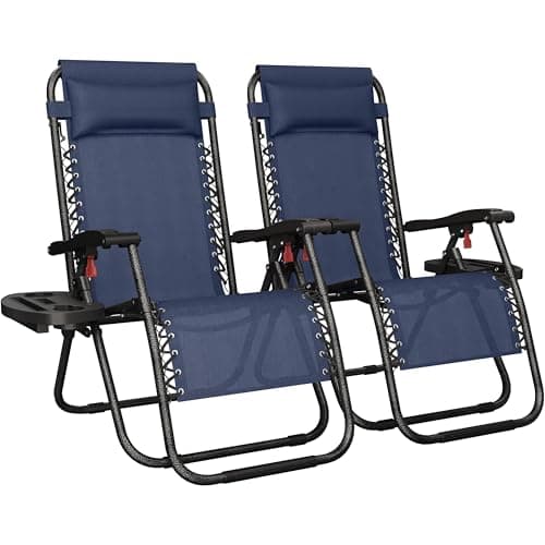 Image of Yaheetech 26" Zero Gravity Recliners Outdoor Adjustable Folding Reclining Lounge Chairs w/Pillows, Cup Holder Trays and Carry Strap for Patio Backyard Beach Navy Blue Set of 2