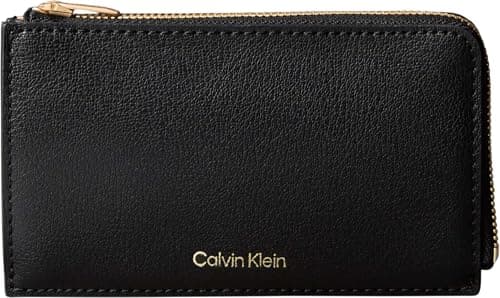 Image of Calvin Klein Women's FOIL Logo TOP Zip Cardcase LV04F1090G Cardholder, Black (Black/Toasted Coconut), One Size