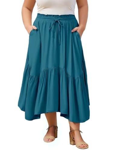 Image of Moon Wood Women's Plain Maxi Skirts Elasticated High Waist Long Skirt Boho Ladies Tiered Flowy A Line Skirts Plus Size Ruffles with Pockets Lake Blue XXL