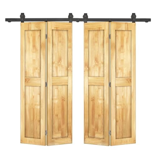 Image of 64 in. x 84 in. 2 Panel Shaker Hollow Core Weather Oak Pine Wood Double Bi-Fold Door with Barn Door Hardware Kit