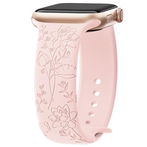 Image of Yoohoo Floral Engraved Strap for Apple Watch Straps 38mm 40mm 41mm 42mm 44mm 45mm 46mm 49mm,Cute Flower and Soft Silicone Sport Band for iWatch Series 11 10 9 8 7 6 5 4 3 2 1 SE Ultra,Women,Pink