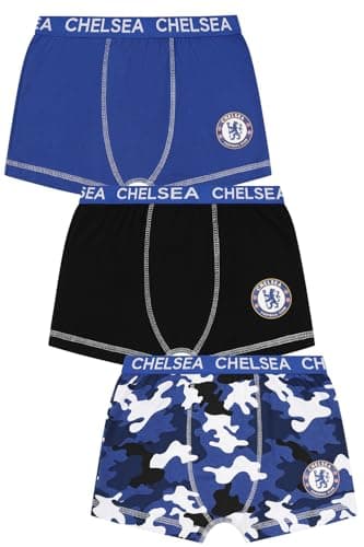 Image of Chelsea Boys 3 Pack Football Club Boxer Shorts Cotton Boxers Multipack Trunks Kids Underwear (9-10 Years) Blue