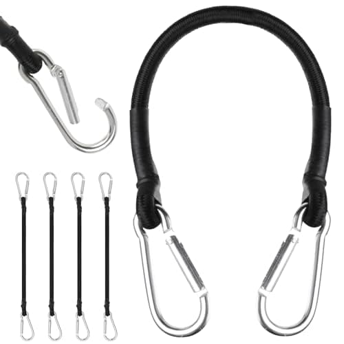 Image of URAQT Bungee Cords with Carabiner Clips 30 CM, 4 Pack Long Heavy Duty Carabiner Bungee Cord, Retractable Straps, with Carabiner Hooks for Roof Racks, Trailers, Camping, Tarps, and Travel for All Users