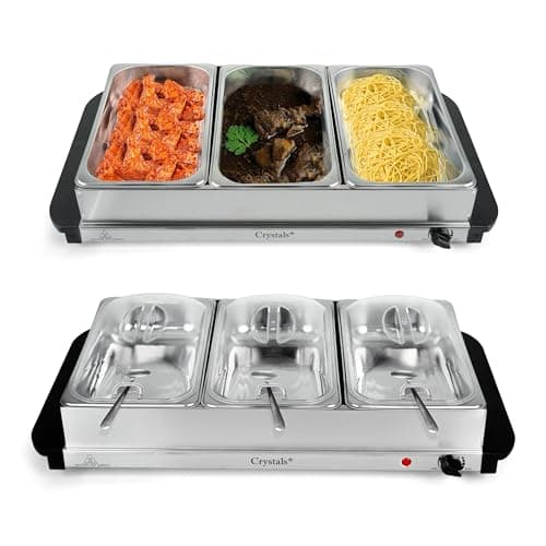 Image of Crystals Electric Buffet Warmer Food Server with 1.5L & 2.5L Trays | Adjustable Temperature Control | 3 Section Food Warmer Hot Plate for Buffet, Party & Kitchen Use (3 x 1.5L Buffet Server)